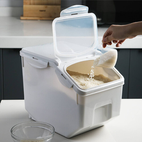 White Multi-Functional Rice Cylinder with Measuring Cup and Wheels 1
