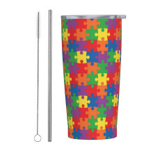 Autism Awareness Month 20 Oz Insulated Stainless Steel Coffee Travel Mug with Straw Portable Thermal Cup White