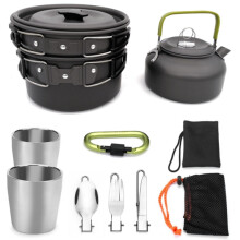 Draagbare theepot en kookgerei set voor buitenkamperen (zwart handvat)