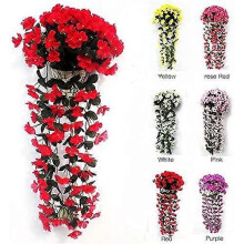 (Pink) 1bunch Hanging Violet Orchid Flower Rattan Plant Basket Decor with Seaweed Basket