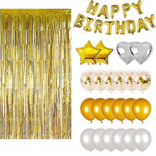 (Gold) Birthday Decorations Set - 37 Pack Balloon Foil Fringe Curtain Backdrop Kit