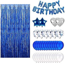 (Blue) Birthday Decorations Set - 37 Pack Balloon Foil Fringe Curtain Backdrop Kit