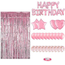 (Pink) Birthday Decorations Set - 37 Pack Balloon Foil Fringe Curtain Backdrop Kit