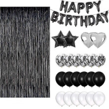 (Black) Birthday Decorations Set - 37 Pack Balloon Foil Fringe Curtain Backdrop Kit