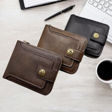 (Light brown) Vintage Horizontal Zipper Men's Wallet Short Card Holder Leather Bifold Wallet Genuine Leather Business Casual Multi-Function Wallet