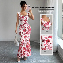 (Deep purple flowers, XL) 2026 Spring Summer New Sweet Fresh High Waist Printed Tie Knot Dress Women's Slimming Vacation Style Long Dress