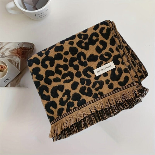 Strikkesjal med leopardmønster til dame, 100 % akryl