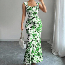 (Deep purple flowers, XL) 2026 Spring Summer New Sweet Fresh High Waist Printed Tie Knot Dress Women's Slimming Vacation Style Long Dress