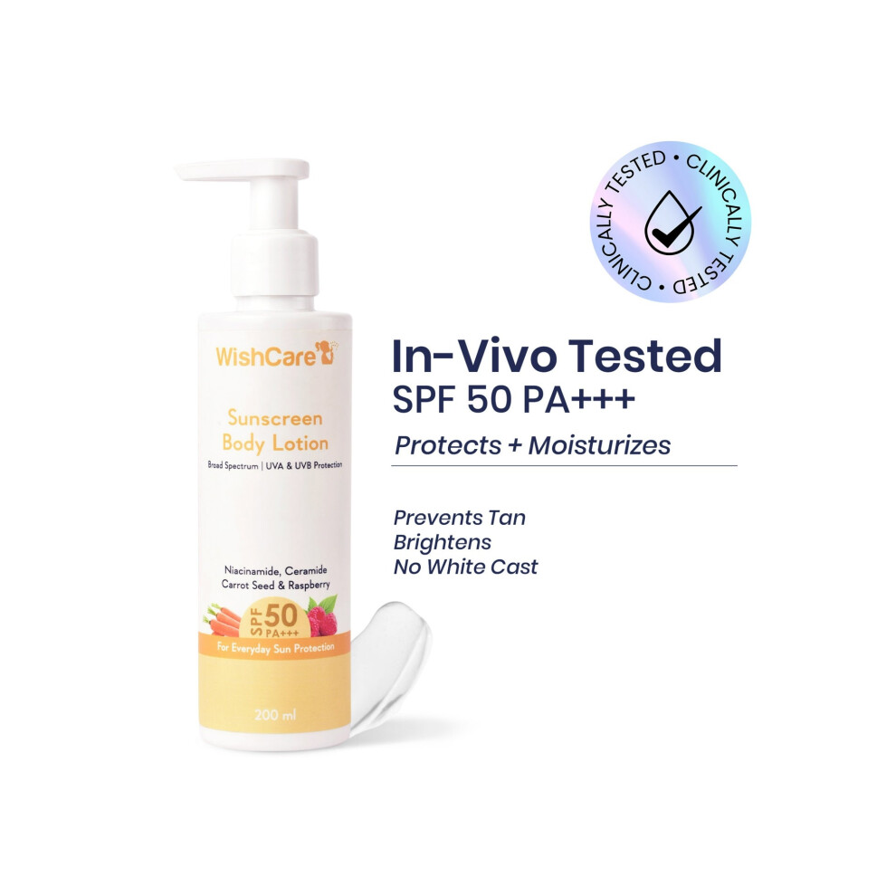 WishCare Sunscreen Body Lotion SPF50 PA+++ Broad Spectrum UVA UVB Protection | Leaves No White Cast On The Skin - 200ml