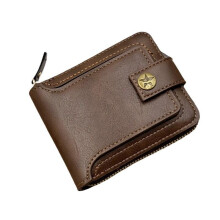(Dark brown) Vintage Horizontal Zipper Men's Wallet Short Card Holder Leather Bifold Wallet Genuine Leather Business Casual Multi-Function Wallet