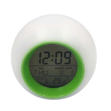 Creative Round Perpetual Calendar Colorful Light Alarm Clock Digital Plastic Outer Shell Alarm Clock compatible Bedroom Travel (White Shell Green Rin