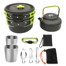 Draagbare theepot en kookgerei set voor buitenkamperen (groen handvat)