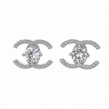 (Platinum) 925 Sterling Silver Zirconia Stud Earrings with Double C Design for Women