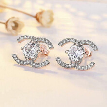 (Rose Gold) 925 Sterling Silver Zirconia Stud Earrings with Double C Design for Women
