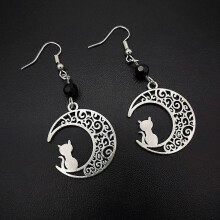 Women's Fashion Silver Moon Cat Earrings Black Beads Crescent Moon Gothic Punk Style Accessories Gifts for Cat Lovers