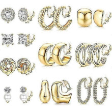 10 Pairs Clip On Earrings for Women Non Pierced Ears CZ Pearl Knot Twist Chunky Hoop and Studs Earring Set Ear Clips Jewelry Gold Silver Tone