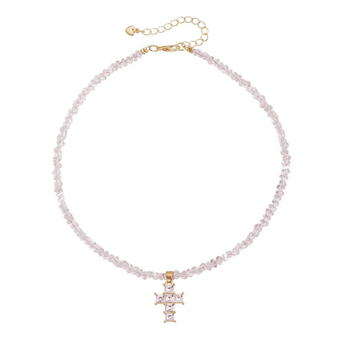 Collier polyvalent avec pendentif croix en cristal-Rose