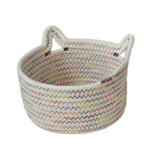 (White) Small Woven Cotton Rope Storage Basket with Cat Ear Decor, Cute Pet Toy Box for Dog Cat, Braided Cosmetic Snacks Storage Bin
