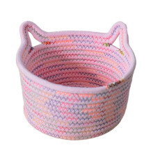 (Pink) Small Woven Cotton Rope Storage Basket with Cat Ear Decor, Cute Pet Toy Box for Dog Cat, Braided Cosmetic Snacks Storage Bin