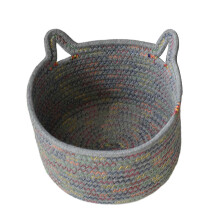 (Dark Gray) Small Woven Cotton Rope Storage Basket with Cat Ear Decor, Cute Pet Toy Box for Dog Cat, Braided Cosmetic Snacks Storage Bin