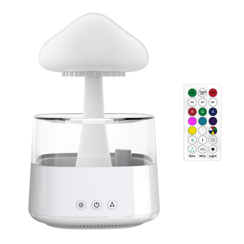 (450ML, White with Remote) 2 in 1 Clouds Rain Humidifier Multifunctional Low Noise USB Diffuser for Living Room