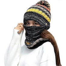 in 1 Women Knitted Hat Circle Scarf Mask Set Fleece Pom Pom Beanie Scarf Full Warm Mask Earflap Thermal Winter Cycling Balaclava Skull Cap_Surprise G