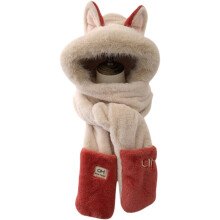 Sciarpa con cappuccio da donna, sciarpa invernale calda in pelliccia sintetica, cappello e guanti abbinati con simpatiche orecchie di volpe_Regalo a