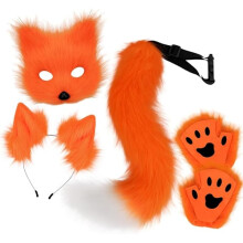 Máscara de peluche con cola y orejas de zorro, disfraz de zorro con cola de gato, disfraz de cosplay con orejas de gato y guantes de pata de gato, co