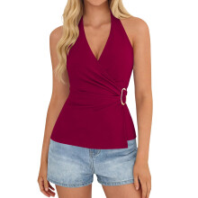 Womens Spring Tie Wrap Sleeveless Ruched V Neck Fitted-Claret M