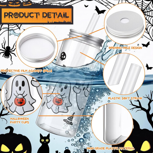 24 πλαστικά ποτήρια Halloween με καπάκια και καλαμάκια, 13,5 ουγγιές 2
