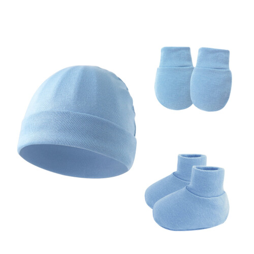 Conjunto de gorro, luvas e sapatinhos de algodão para bebês de 0 a 6 meses.