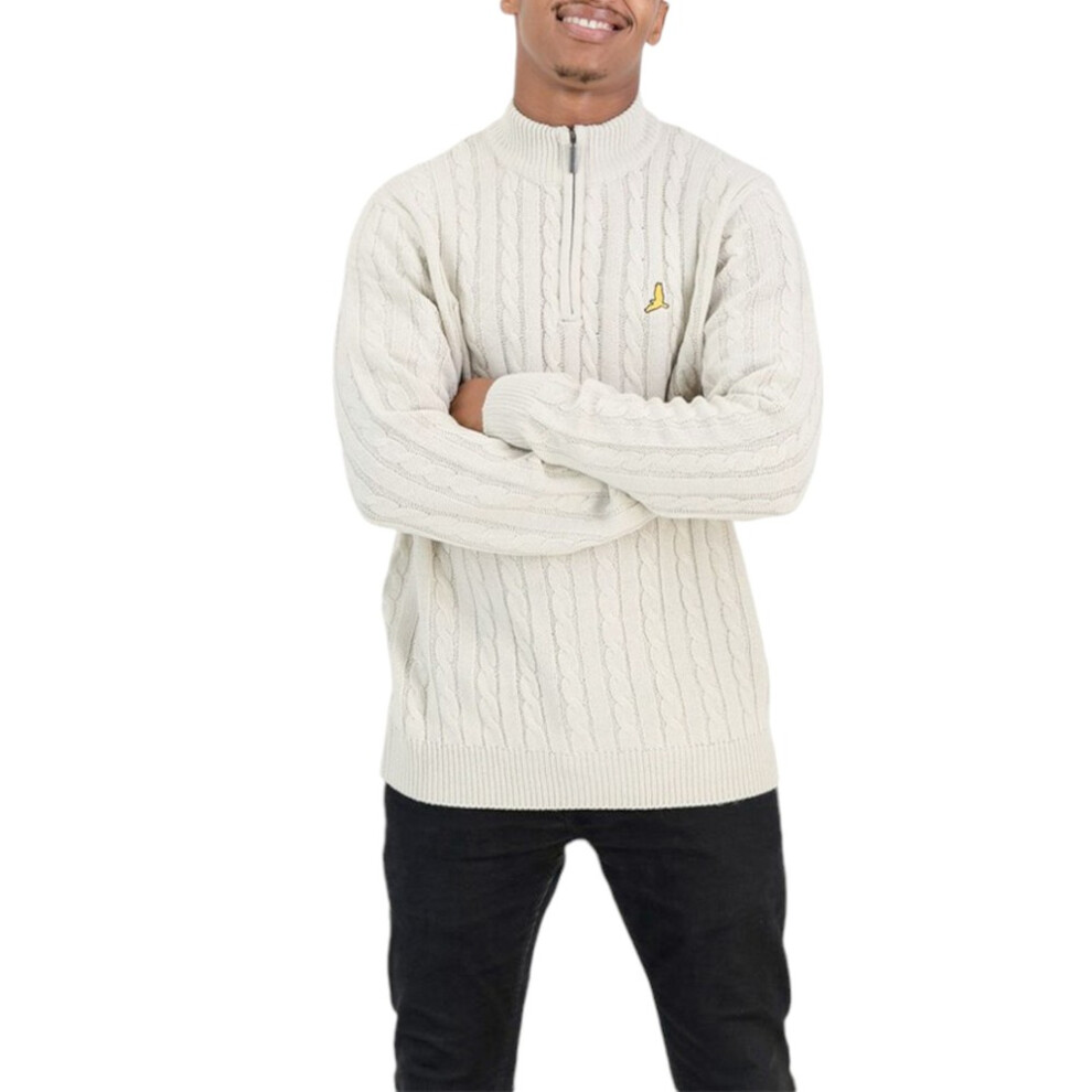 Brave Soul (Light Beige, M) Mens Cable Knit Cardigan Jumper Cream