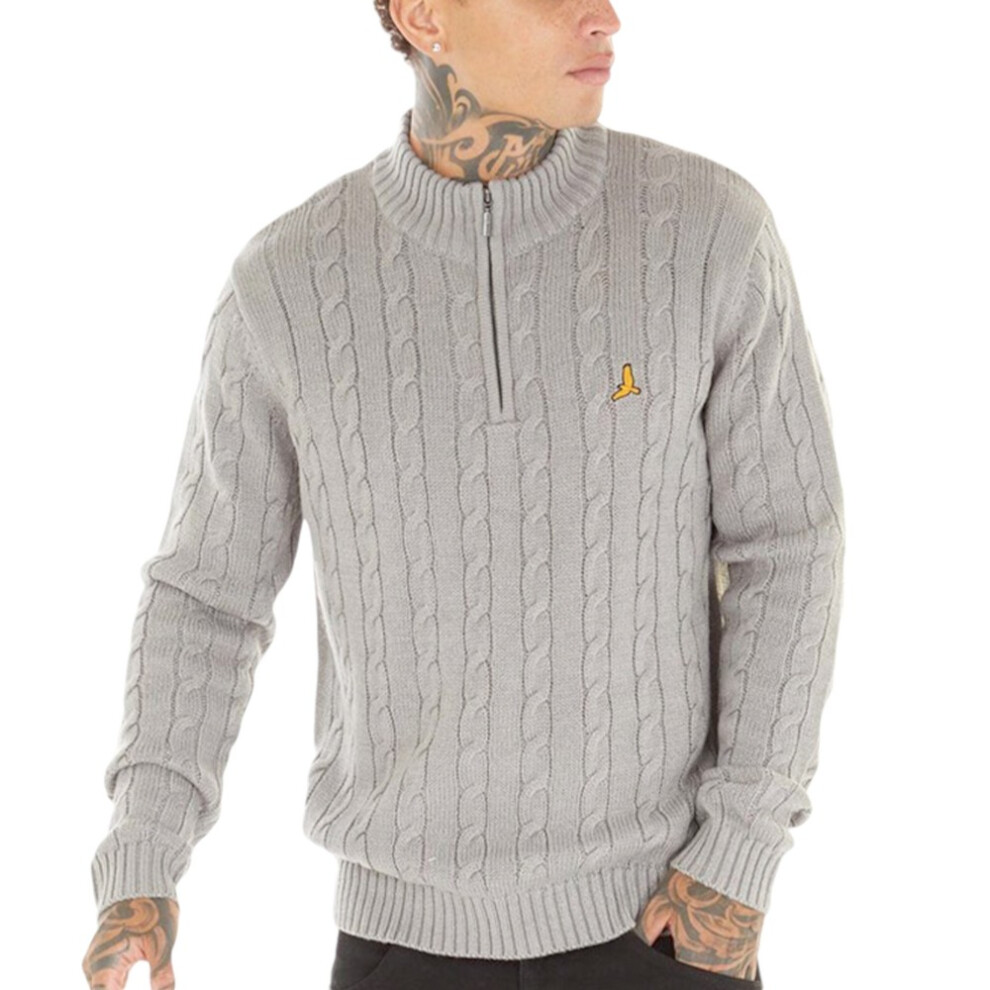 Brave Soul (Grey, S) Mens Cable Knit Cardigan Jumper