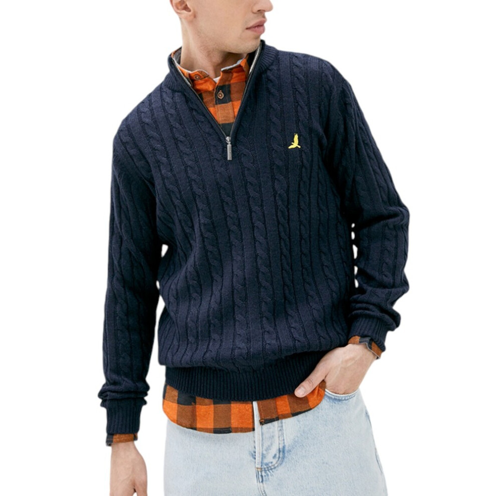 Brave Soul (Navy, M) Mens Cable Knit Cardigan Jumper