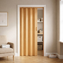(Brown Oak) PVC Folding Door 82 x 203 cm Space Saving Moisture Resistant Concertina Door with Smooth Glide and Magnetic Closure