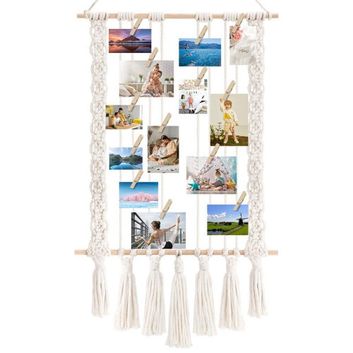 Makramé fotoholder med 30 treklips – Boho vegg