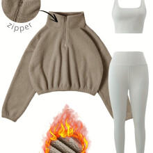 (Khaki, 12/14) New Solid Color Stretch Sports Yoga Pants Bra Half-Zip Sweatshirt Yoga Outfit Set Running Fitness Autumn Winter Three-Piece Set