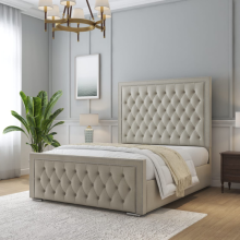 (Cream(with Mattress), 4ft6" Double(No Gaslift)) Plush Velvet Florida Bed Frame with Mattress and Ottoman Gas Lift Storage Option