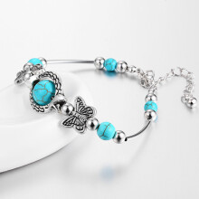 Women's Turquoise Beaded Bracelet Silver Bangle