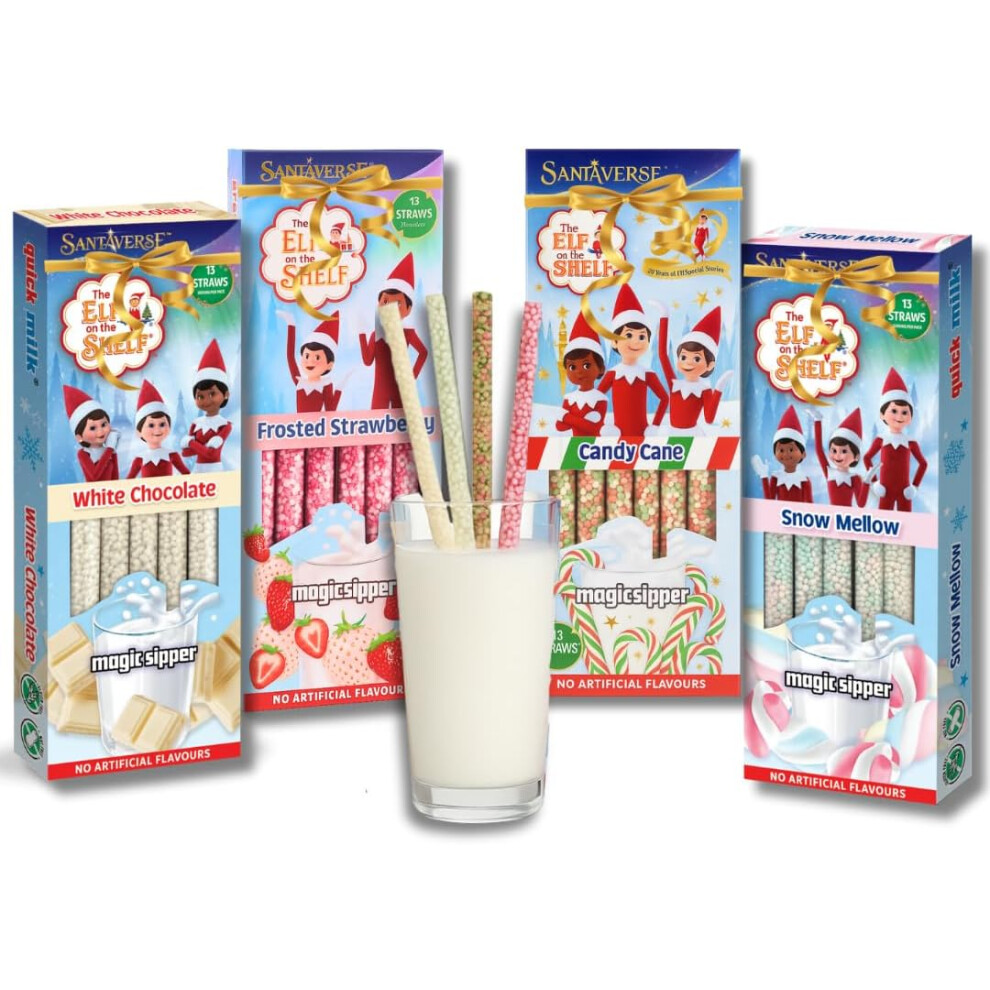 The Great British Kitchen Elf On The Shelf Quick Milk Magic Sipper 4 Pack Bundle (52 Pcs Total) All Exclusive Flavours - Chocolate, Strawberry, Snow Mellow & Candy Cane White