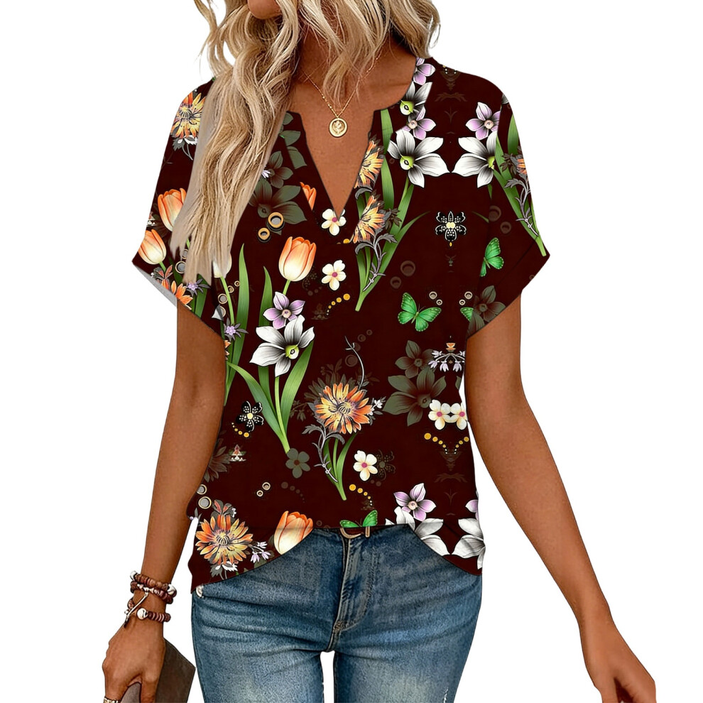 Green Women's Short Sleeve V-Neck Blouses, Work-Army L