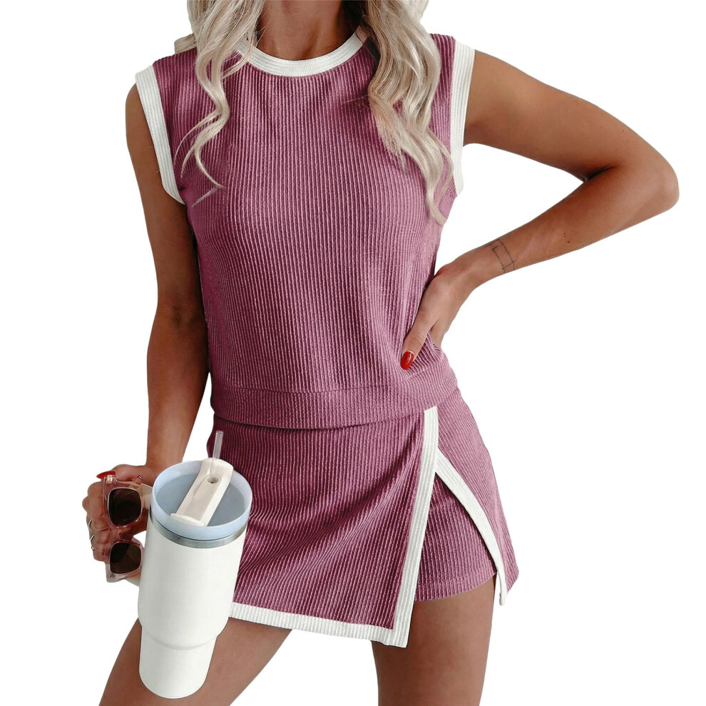 2 Piece Sets for Women  Outfits Ribbed Knit  Top-rose pink L