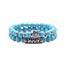 Pulsera de cuentas de búho de piedra natural, roca volcánica, rosa roja