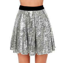 Versatile Glitter Pleated Skirt Elastic High Waist-Silver M