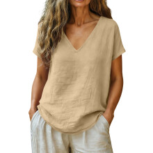 Lightweight V Neck Blouse For Women Short Sleeve Loose-Khaki XL