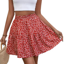 Women's Printed Ruffled Elastic HighTie-Belt Skirt-Red XL