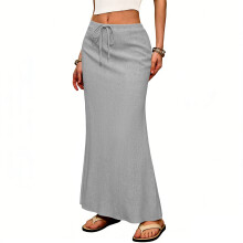 Linen Flared Maxi Skirt with Back Slit - Elastic Waist-Gray L