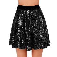 Versatile Glitter Pleated Skirt Elastic High Waist-Black L