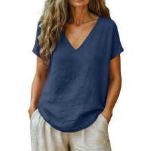 Breathable V Neck Tee Women Loose Fit Summer Top-Navy Blue L