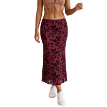 (L, Red) Women's Long Floral Skirts Fashionable High Waisted Bodycon Going Out Fish Tail Mesh Skirt